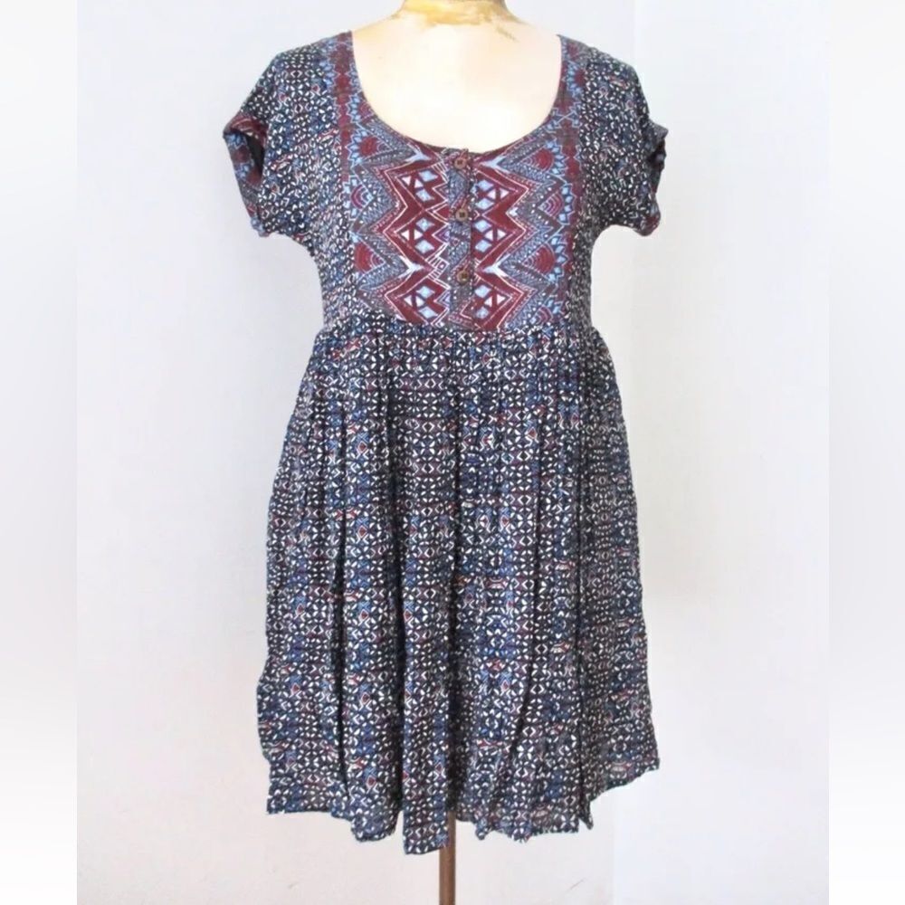 Oversized Free People Printed Swing Dress XS boho peasant batik
